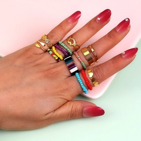 Colorful Mixed Beaded‎ 13 Piece Ring Set - Picture 2 of 3